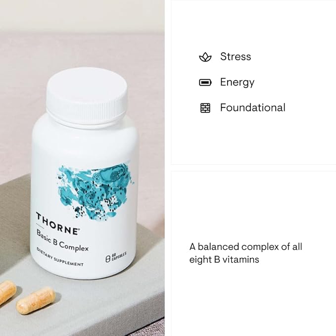 THORNE - Basic B-Complex - Tissue-Ready Vitamin B Complex Supplement with Choline - Supports Cellular Energy Production, Brain Health, Red Blood Cell Formation* - Gluten-Free, Dairy-Free - 60 Capsules