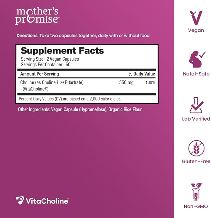 Prenatal Choline Supplements 550mg | 120 Capsules | Supports Baby’s Brain Development & Cognitive Function During Pregnancy & Nursing | Ultra Pure Natal VitaCholine, Vegan Choline Bitartrate for Women