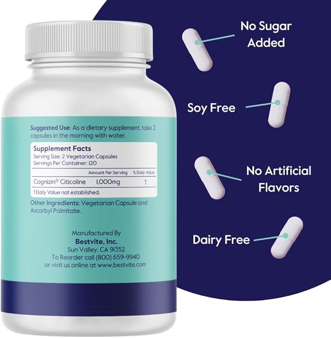 BESTVITE Cognizin Citicoline 500mg (240 Vegetarian Capsules) (Value Size) - Clinically Studied Premium Choline Nootropic - No Stearates - Vegan - Gluten Free - Brain Supplements for Memory and Focus