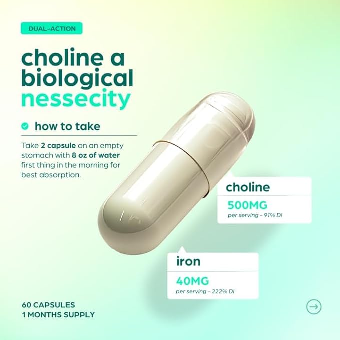 Choline & Iron Prenatal Supplement for women – 500mg Choline + 40mg Iron (Ferrous Fumarate), Choline Supplements for Pregnancy Brain & Memory Support – Cognitive & Metabolic Health, Vegan –30 Servings