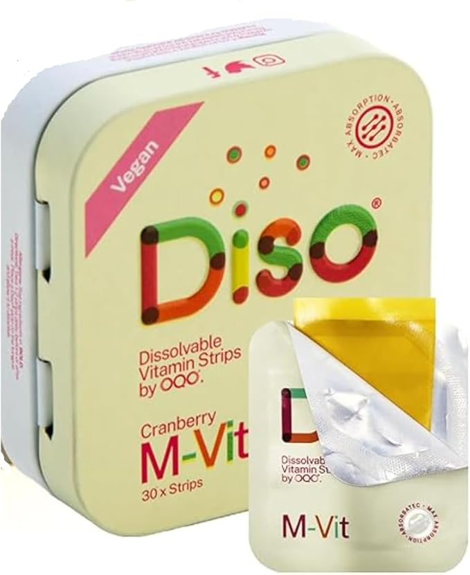 DISO - M-VIT - Fast-Dissolving Multivitamin Oral Strips, Cranberry Flavor, Vegan, Sugar Free, Gluten Free, Individually Wrapped, 30 Dissolvable Strips