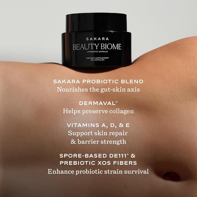 Sakara Beauty Biome – Daily Synbiotic for Skin & Gut Health with Probiotics, Dermaval®, Vitamins A, D, E, Antioxidants, Prebiotics & Enzymes – Supports Clear, Radiant, Hydrated Skin – 60 Capsules