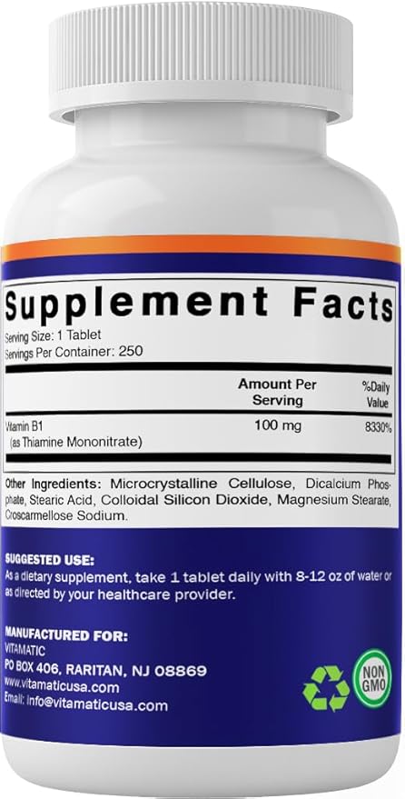 Vitamatic Vitamin B1 (As Thiamine Mononitrate) 100mg – 250 Vegetarian Tablets - 2 Pack Supports Energy Production, Nervous System Function & Heart Health*