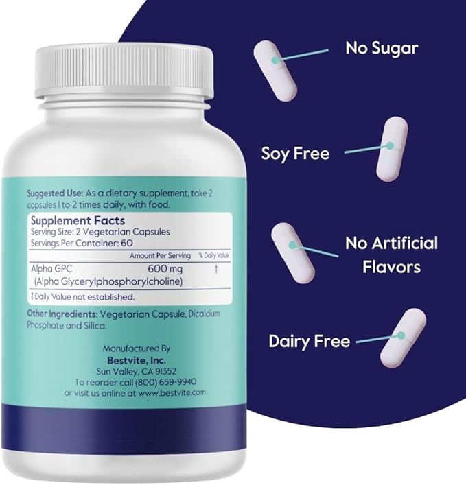 BESTVITE Alpha GPC Choline 600mg Per Serving (120 Veggie Capsules) - No Stearates - Vegan - Non GMO - Gluten Free