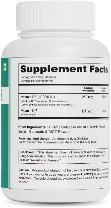 DK | Vegan Vitamin D3 10000 IU, Vitamin K2 120 Mcg with MCT Powder, Vegetarian Vitamin D3 K2 for Women and Men,Lichen Vitamin D3-60 Cap