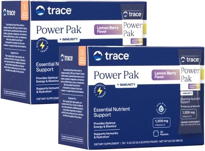 Trace Minerals | Power Pak Electrolyte + Immunity Boost Drink Packets | 1200 mg Vitamin C, Elderberry, Zinc, D3, B6, B12 | Immunity, Hydration, & Energy Support | Fizzy Lemon Berry | 60 Packets