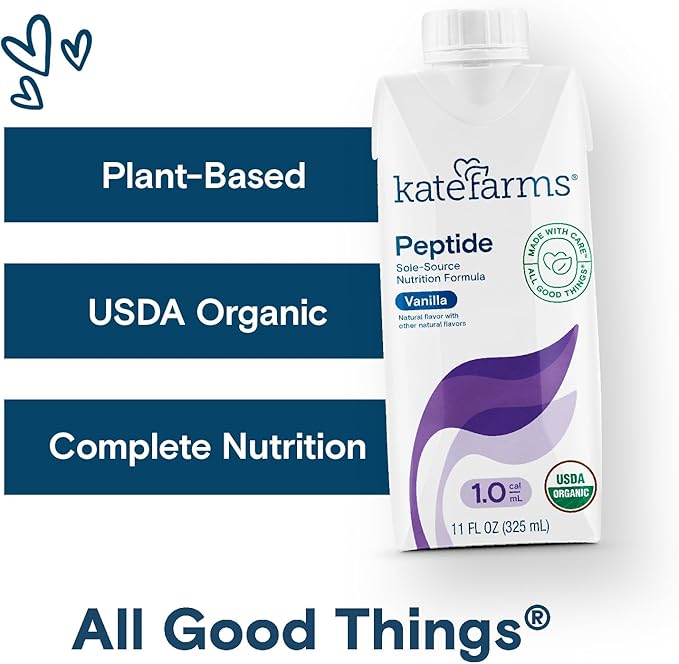 KATE FARMS Organic Adult Peptide 1.0 Formula, Vanilla, Sole-Source, Hydrolyzed Plant-Based Nutrition for Oral or Tube Feeding, 11 Fl oz (12 Pack)