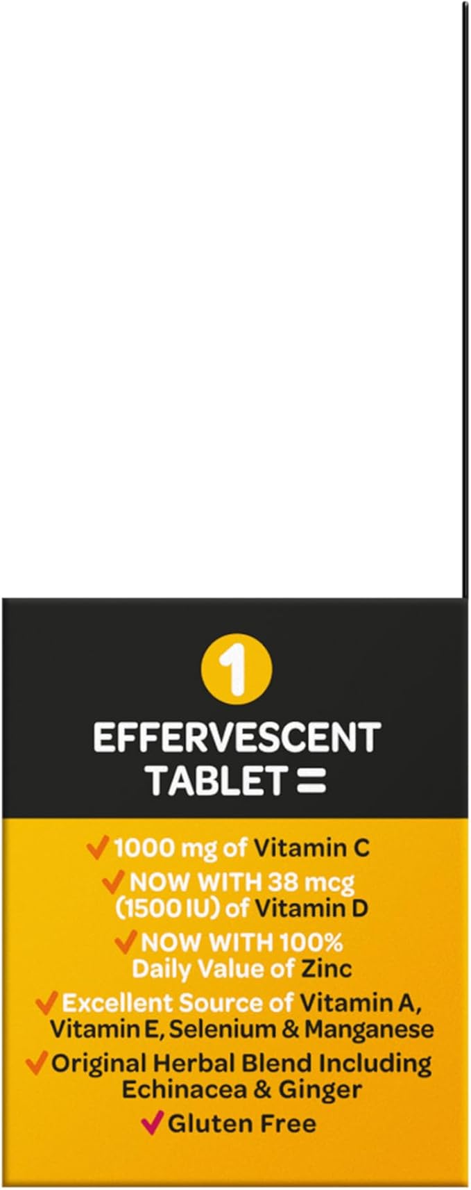 Airborne 1000mg Vitamin C with Vitamin D & Zinc, Sugar Free Multivitamin Immune Support Supplement, Antioxidants Vitamins A C & Vitamin E, 10 Effervescent Tablets, Zesty Orange Flavor
