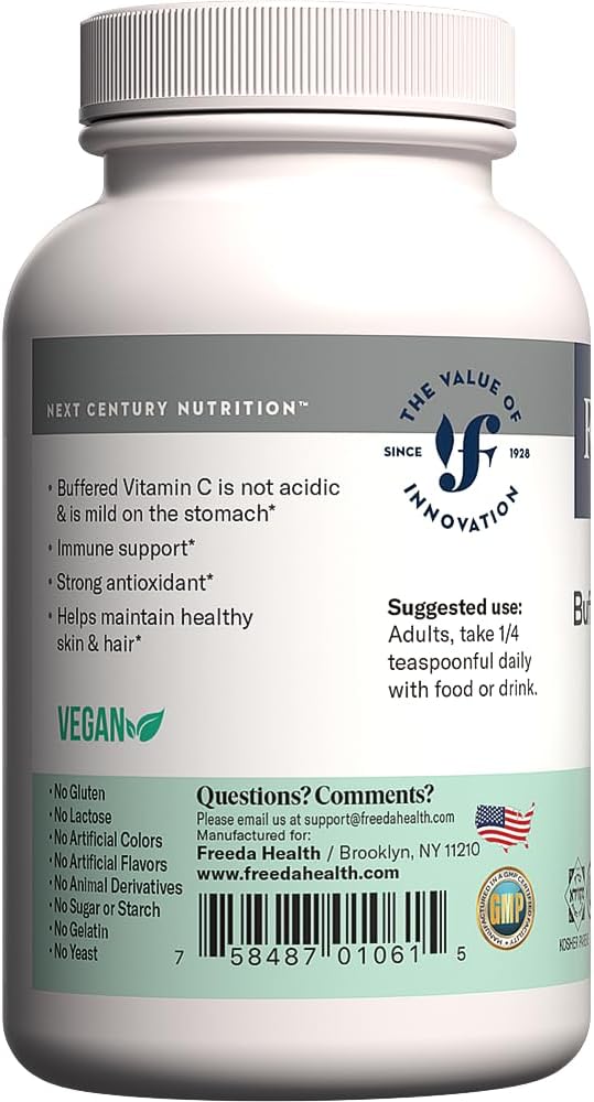 FREEDA Buffered Vitamin C Powder (Calcium Ascorbate) – Non-Acidic, Stomach-Friendly Vitamin C for Sensitive Individuals – Vegan, Kosher, Sugar-Free Immune Support – 5 oz