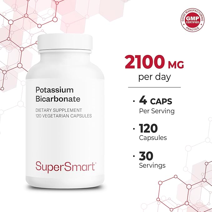 Supersmart - Potassium Bicarbonate 5400mg per Day (High Dose) - Electrolyte Mineral - Acid-Base Balance pH - Heart, Muscle & Nerve Health | Non-GMO & Gluten Free - 120 Vegetarian Capsules
