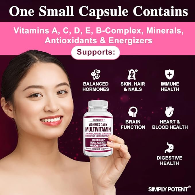 Multivitamin for Women, 37 Multi Vitamins with Minerals, Vitamins A C D E, Biotin, B12, Folate, Zinc, Magnesium, Calcium, Green Tea for Hair, Skin, Nails, Energy, Immune & Hormone Support, 60 Capsules
