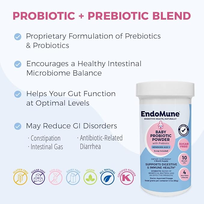 Endomune Jr Advanced Probiotic Powder for Newborns, Infants, Toddlers & Baby | 10 Billion CFUs | 4 Strains Bacteria & FOS Prebiotic | Physician Formulated | 60 Day Supply