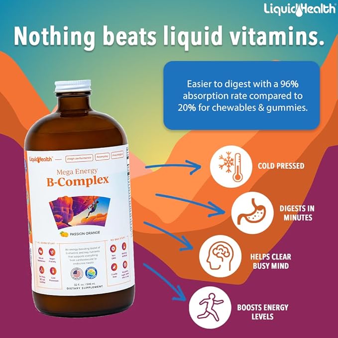 LIQUIDHEALTH Mega Energy B-Complex & Calcium and Magnesium Liquid Vitamin Bundle for Adults - Increase Natural Energy Level, Support Bone & Joint Health, Boost Immune System - Vegan, Non-GMO, USA Made