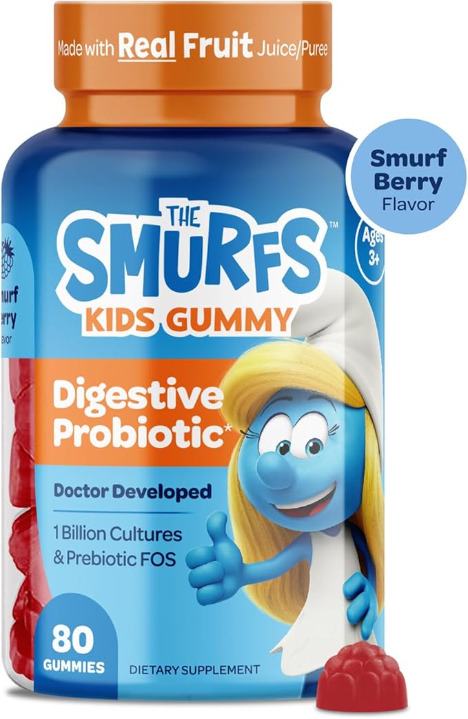 The Smurfs Kids Probiotic Gummies with 1 Billion CFU Probiotics & Prebiotics Chewable Probiotic Kids for Digestive Support, Healthy Gut & Immune Health | Ages 3+ | Made with Real Fruit | 80 Count