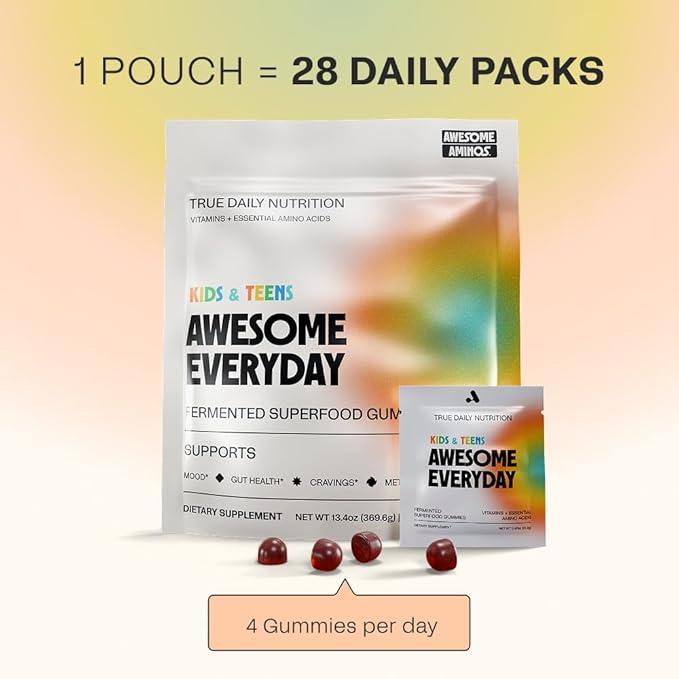 Awesome Everyday Superfood Gummies for Kids & Teens – Multivitamin for Boys & Girls - EAAs, Mushrooms & Adaptogens - Vegan, No Artificial Flavors, Colors or Seed Oils - Ages 2-15 - 28 Count