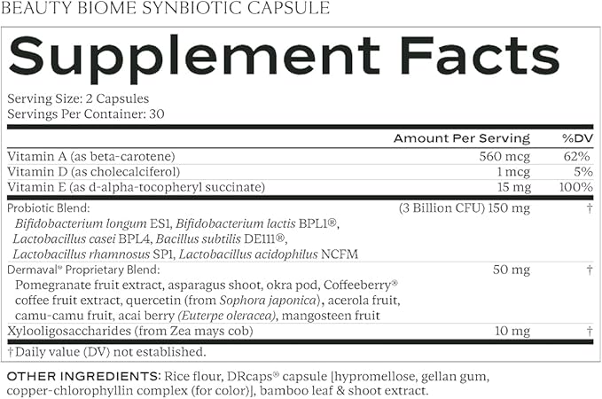 Sakara Beauty Biome – Daily Synbiotic for Skin & Gut Health with Probiotics, Dermaval®, Vitamins A, D, E, Antioxidants, Prebiotics & Enzymes – Supports Clear, Radiant, Hydrated Skin – 60 Capsules