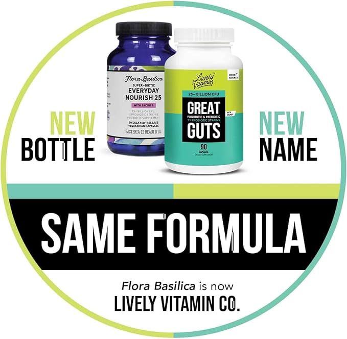 LIVELY VITAMIN CO. Great Guts Probiotic - 25 Billion CFU Probiotic - Balance Gut Microbiome, GI Tract, Inflammation, Indigestion, Reflux, Upset Stomach, & Diarrhea - 90 Caps