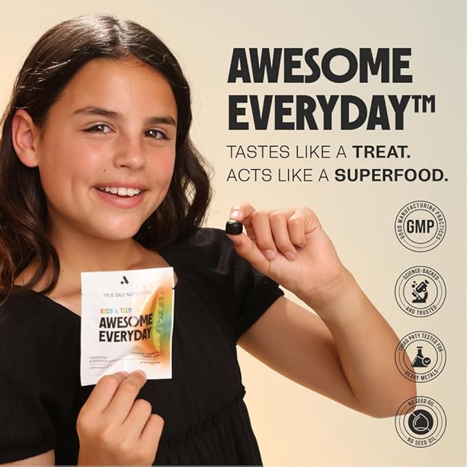 Awesome Everyday Superfood Gummies for Kids & Teens – Multivitamin for Boys & Girls - EAAs, Mushrooms & Adaptogens - Vegan, No Artificial Flavors, Colors or Seed Oils - Ages 2-15 - 28 Count