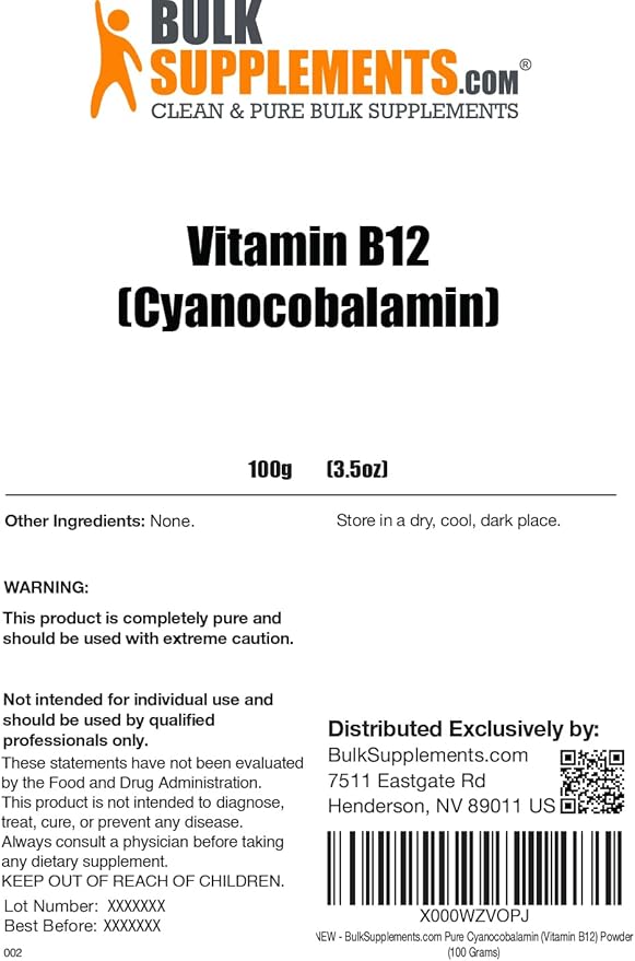 BulkSupplements.com Pure Vitamin B12 Powder - as Cyanocobalamin, Vitamin B Supplements, Cyanocobalamin B12 Supplement - Pure Product, Multiple Servings, 100g (3.5 oz) (Pack of 1)