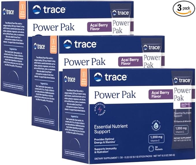 Trace Minerals Power Pak - Daily Health Support Supplement with Vitamins & Minerals - Power Packet Aids Immune Health & Hydration - Mix Powder Supports Bodily Functions - Acai Berry (90 Servings)