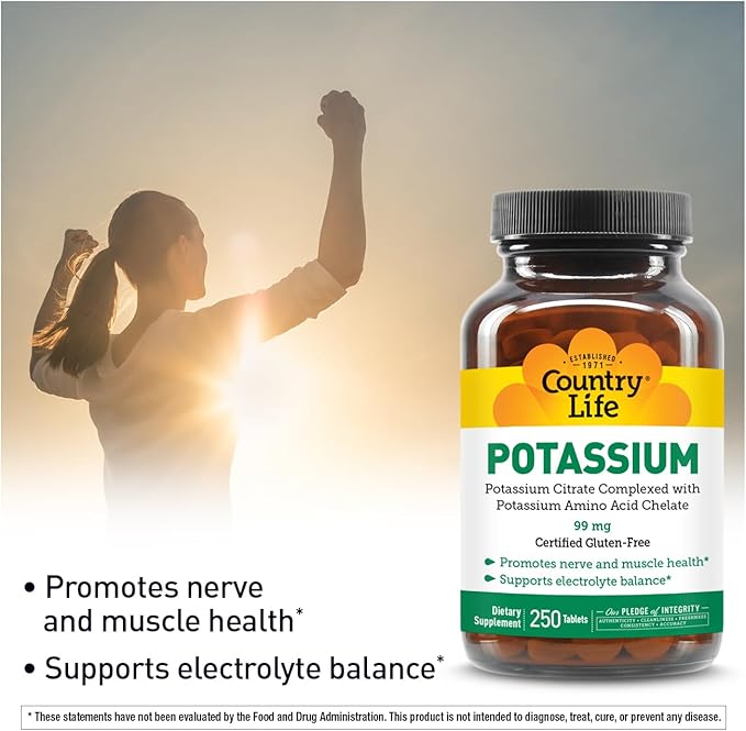Country Life Potassium 99 mg Tablets - Chelated for Enhanced Absorption, Supports Neuromuscular Function & Electrolyte Balance, Certified Gluten Free, Vegan, Kosher, 250 Tablets