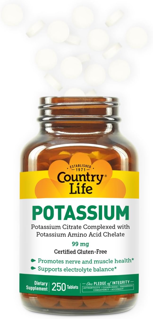 Country Life Potassium 99 mg Tablets - Chelated for Enhanced Absorption, Supports Neuromuscular Function & Electrolyte Balance, Certified Gluten Free, Vegan, Kosher, 250 Tablets