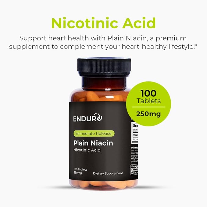 Endur Plain Niacin (Nicotinic Acid), Heart Health & Healthy Cholesterol Balance Supplement, Immediate-Release Formula, Gluten Free, 250mg (100 Tablets)