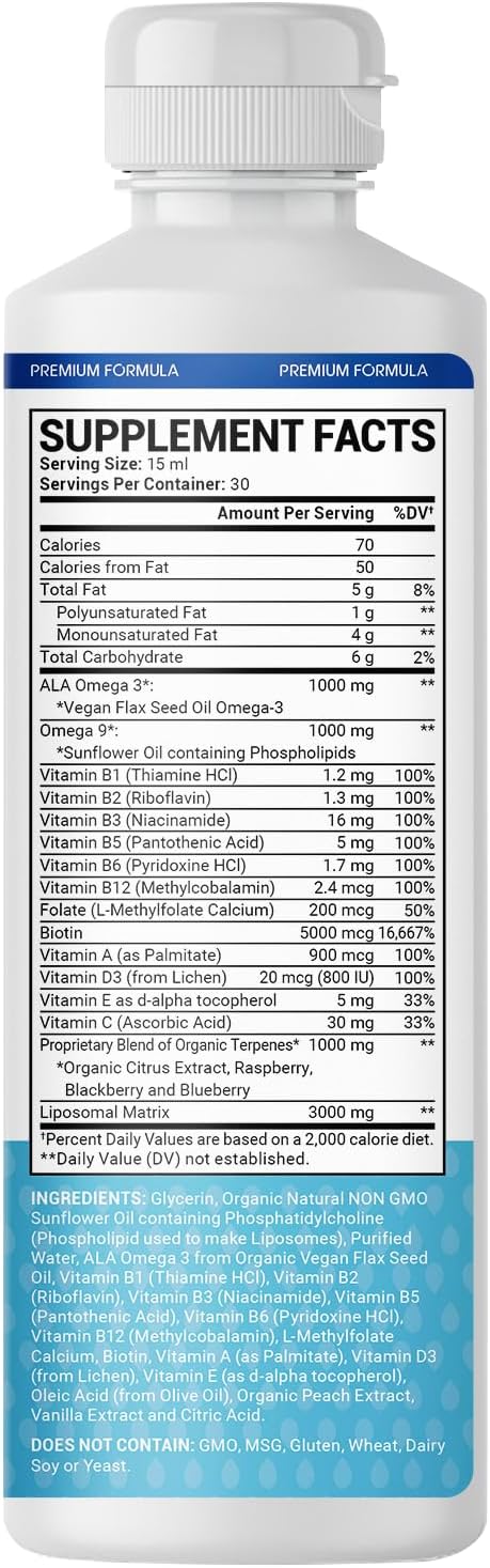 Men's Multivitamin - Liquid Supplement - Liposomal Delivery - Daily Multi Vitamin with Biotin B Complex Omega-3 - Hair & Nail Support Vitamin - Peach Flavor - 3000 mg per Serving - 450 mL