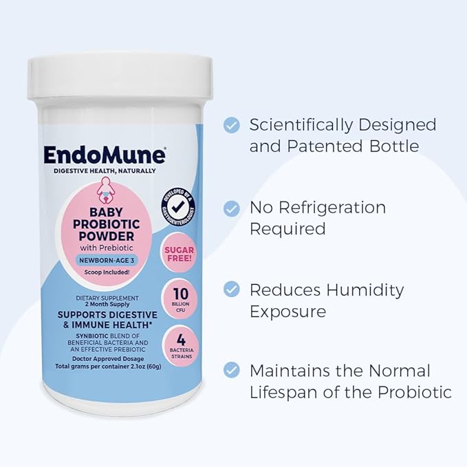 Endomune Jr Advanced Probiotic Powder for Newborns, Infants, Toddlers & Baby | 10 Billion CFUs | 4 Strains Bacteria & FOS Prebiotic | Physician Formulated | 60 Day Supply