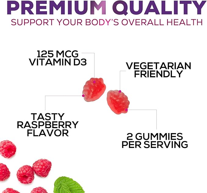 Vitamin D3 Gummies 5000 IU (125 mcg) - Extra Strength Immune Support, Bone, Teeth and Muscle Vitamin D Gummy Dietary Supplement, Nature's Berry D Vitamin Supplement, Raspberry, Non-GMO - 120 Gummies