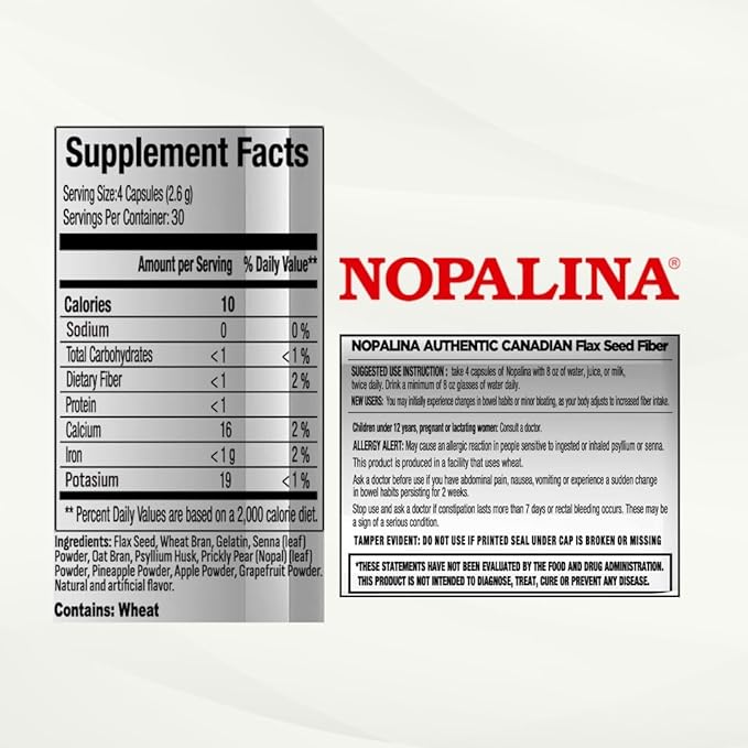 Nopalina Fiber Formula | 120 Capsules | Flax Seed, Psyllium, Oat and Wheat Bran, Omega 3, 6 & 9 | Gut Health & Regularity | The Original