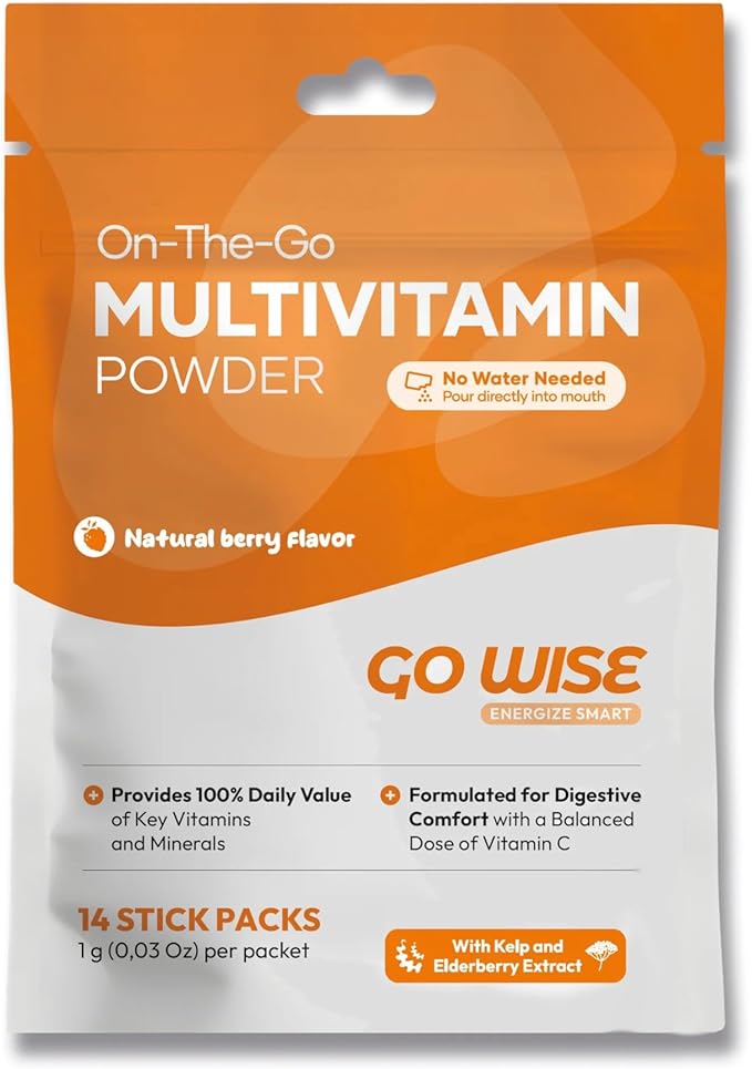 Go Wise On The Go Multivitamin Powder - Natural Berry Flavor - 14 Convenient Stick Packs - Portable Vitamin Supplement for Travel, Daily Nutrition, Energy and Immune Support for Men and Women