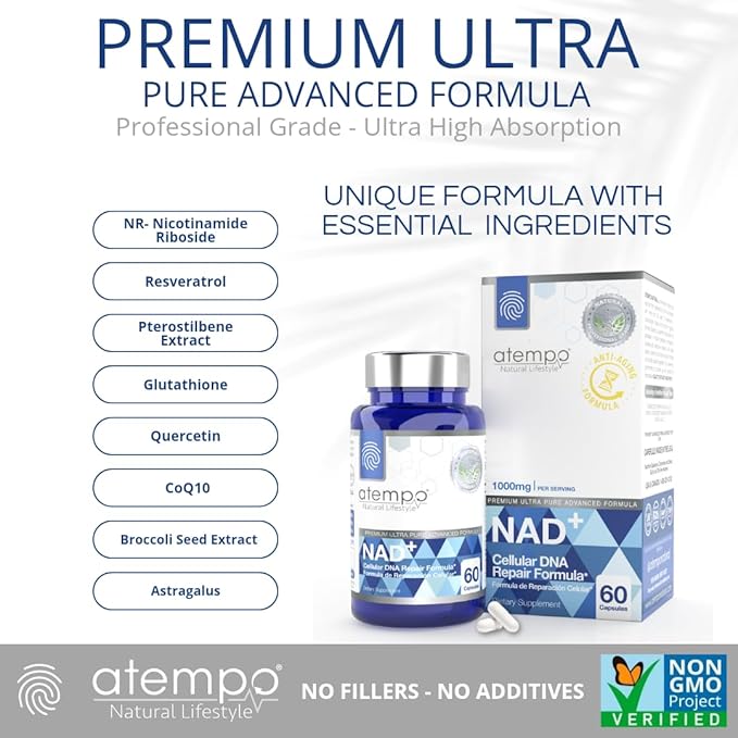 NAD+ Supplement 1000 mg High Absorption ā Supports Energy, Cellular Health, Brain Function, and Healthy Aging ā Pure NAD Formula with 60 Capsules
