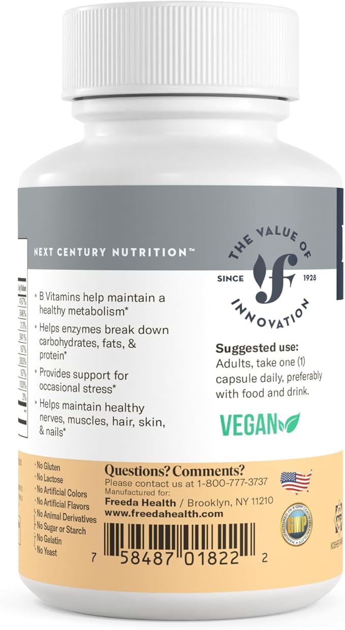 FREEDA High Potency Super B-Complex – B1, B2, B3, B5, B6, Biotin, Folic Acid & B12 – Energy, Mood & Nervous System Support – Vegan, Kosher, Gluten-Free – 250 Capsules