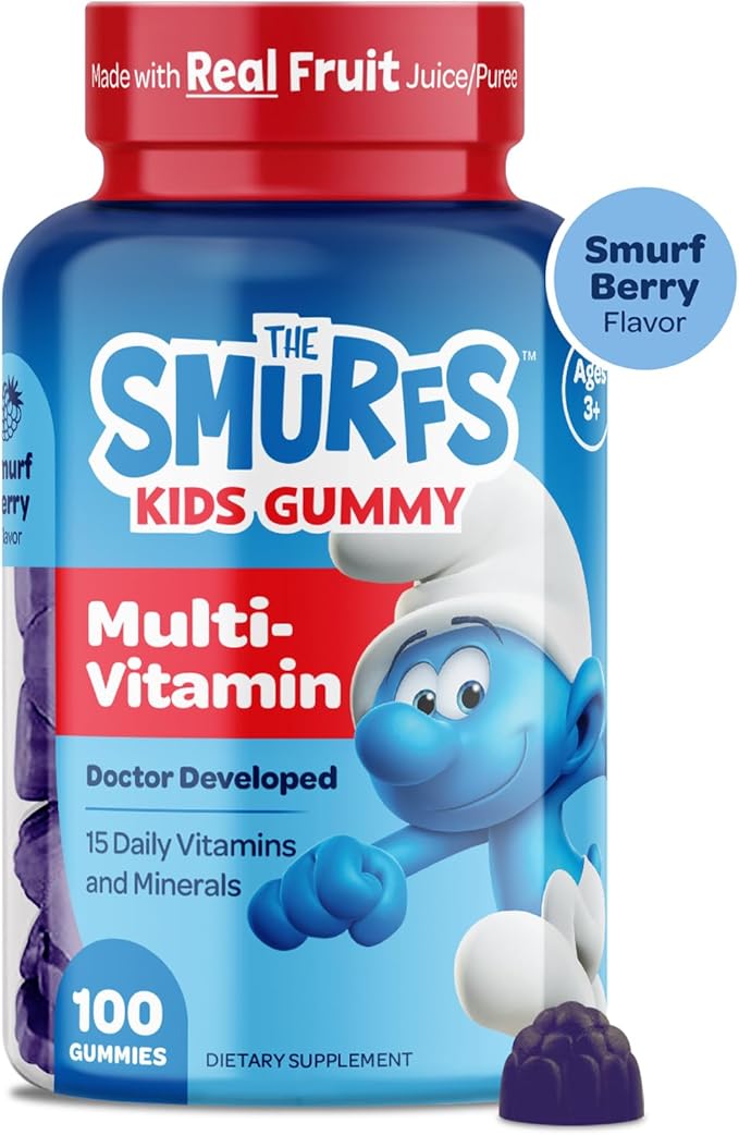 The Smurfs Kids Multivitamin Gummies with 15 Daily Vitamins and Minerals for Growth & Development | Made with Real Fruit in a Smurf Berry | Delicious, Doctor Developed & Non-GMO Formula | 100 Gummies