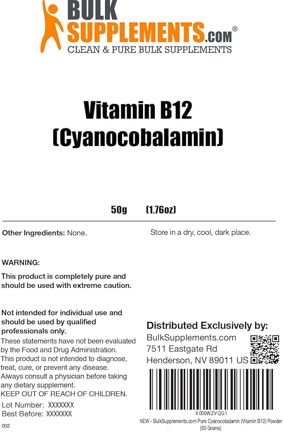 BulkSupplements.com Pure Vitamin B12 Powder - as Cyanocobalamin, Vitamin B Supplements, Cyanocobalamin B12 Supplement - Pure Product, Multiple Servings, 50g (1.8 oz) (Pack of 1)