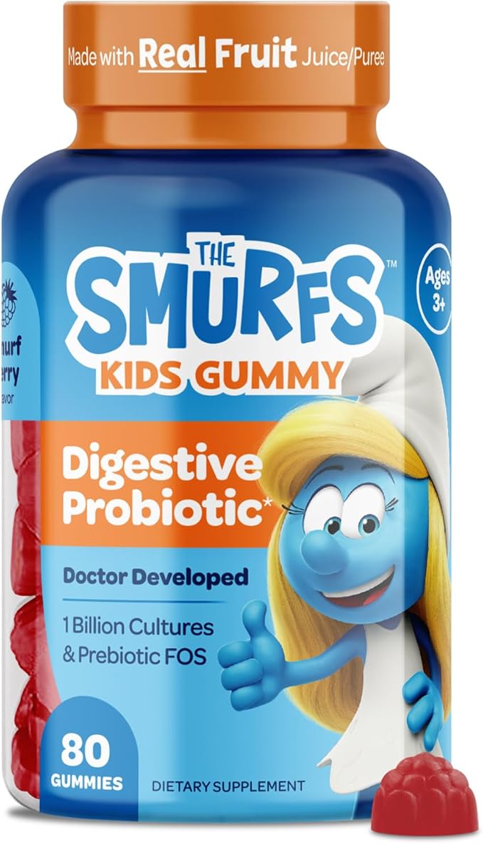 The Smurfs Kids Probiotic Gummies with 1 Billion CFU Probiotics & Prebiotics Chewable Probiotic Kids for Digestive Support, Healthy Gut & Immune Health | Ages 3+ | Made with Real Fruit | 80 Count