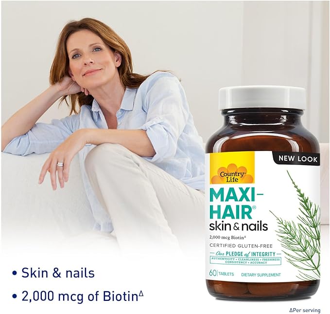 Country Life Maxi-Hair Supplement - 2000mcg Biotin & Vitamins for Hair, Skin & Nails - Certified Gluten-Free & Vegetarian - Supports Hair Growth, 60 Tablets