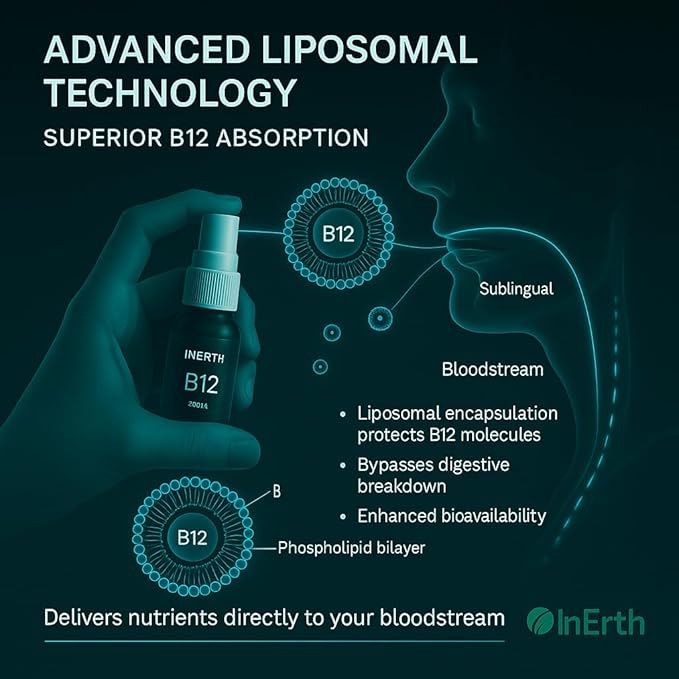 InErth Liposomal Vitamin B12 Liquid Drops - 1000 mcg Maximum Absorption Sublingual Methylcobalamin for Energy, Metabolism, Nervous System Immune Support - Vegan VIT B12 Complex Supplement 1 Fl Oz (1)