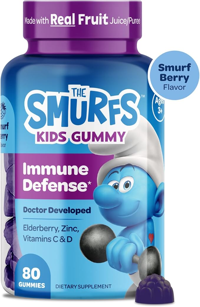 The Smurfs Immune Support Supplement Vitamins for Kids with Elderberry, Zinc, Vitamin C & D for Immune Defense Age 3+ | Made with Real Fruit in a Smurf Berry | Doctor Developed & Non-GMO | 80 Gummies