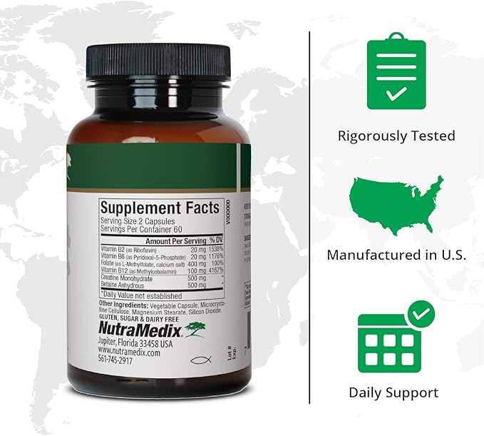 NutraMedix Methyl Complete - Complete Methylation & Energy Support Capsules - Vitamin B2, B6, B12 & Folate - with Creatine Monohydrate & Betaine Anhydrous (120 Count)