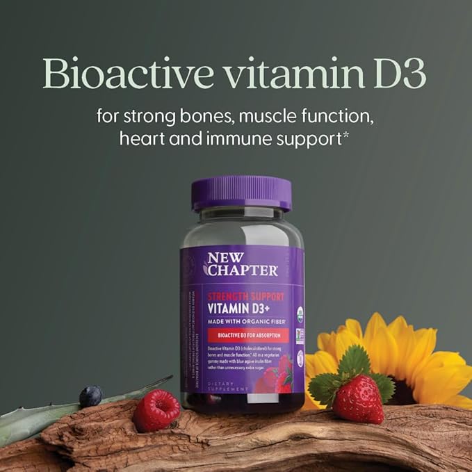 New Chapter Organic Vitamin D3+ Gummies – 72% Less Sugar§, 1,000 IU USDA Organic Vitamin D, ONE Daily Gummy for Strong Bones & Muscle Function, Non-GMO, Gluten Free, Mixed Berry Flavored, 60ct