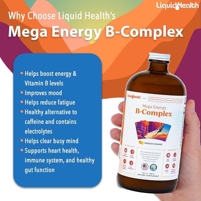 LIQUIDHEALTH Mega Energy B-Complex & Calcium and Magnesium Liquid Vitamin Bundle for Adults - Increase Natural Energy Level, Support Bone & Joint Health, Boost Immune System - Vegan, Non-GMO, USA Made