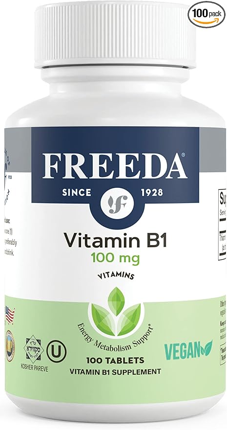 Freeda Vitamin B1 Thiamine 100mg - Supports Energy Metabolism, Nervous System Health - Kosher, Vegan, Gluten Free - Thiamin HCl 100 mg Vitamin B 1 - Pure Vit B1 Vitamin Thiamine B1 Supplement (100 Ct)