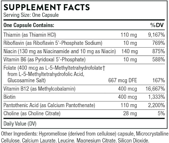 THORNE - Basic B-Complex - Tissue-Ready Vitamin B Complex Supplement with Choline - Supports Cellular Energy Production, Brain Health, Red Blood Cell Formation* - Gluten-Free, Dairy-Free - 60 Capsules