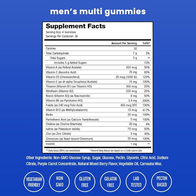 NutraChamps Multivitamin for Men 14+ | Mens Multivitamin Gummies, 120 Count | Vitamins A, B, C, D, E, Biotin, Zinc | Mens Gummy Multivitamins Supplement | Chewable Daily Multi Gummy Vitamins for Men