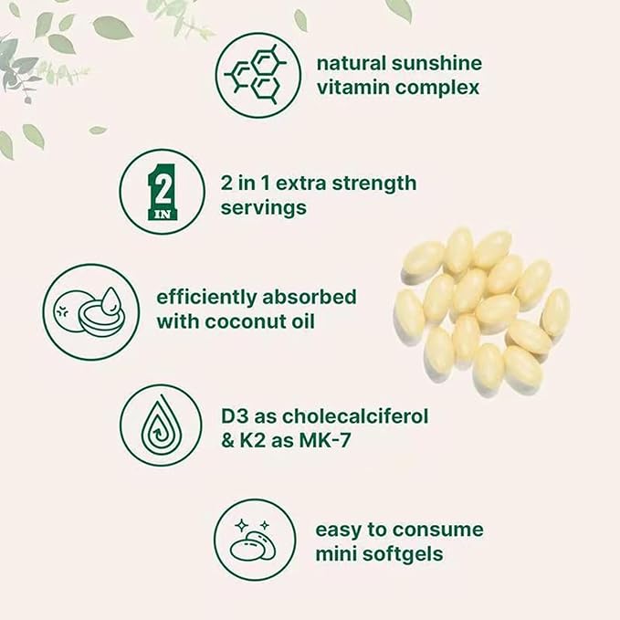 D3 K2, Vitamin D3 K2 Supplement Softgels, 2-in-1 Vitamin D3 K2 Supplement Softgel, 10000 Iu VIT D3 + 200 Mcg Vitamin K2, 300 Softgels/Pack (180)