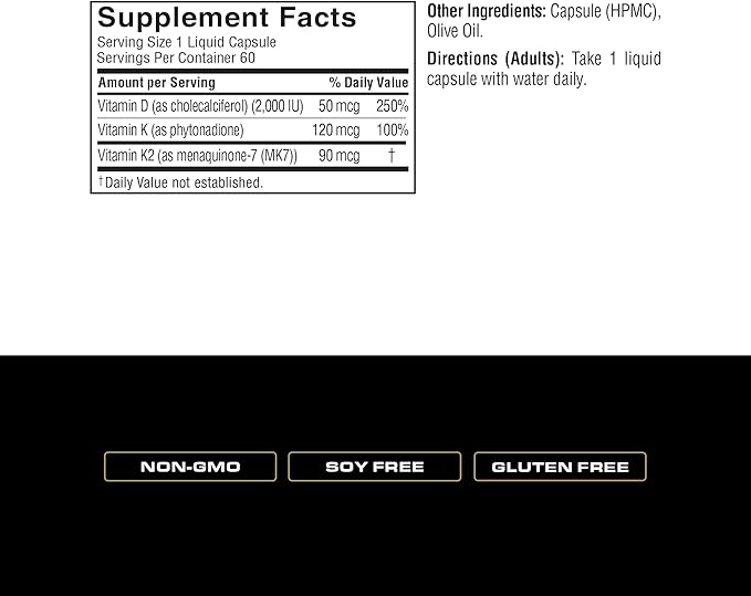 Vitamin D3 with K1 and K2, Supports Strong Bones and Muscles, 60 Day Supply