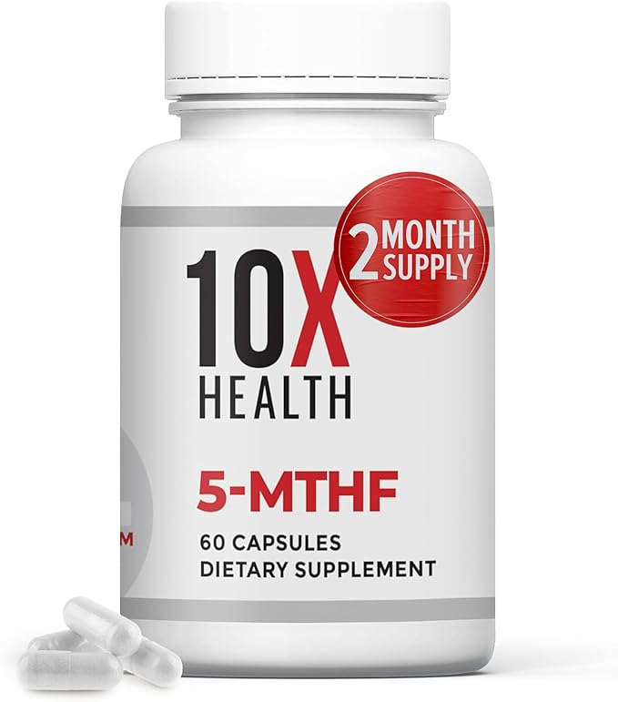 10X Health 5-MTHF Methylfolate - Methylated Folate & Magnesium for Brain, Heart Health, DNA & Neurotransmitter Synthesis - Bioavailable Methyl Folate Supplement - Methylfolate Supplement 60 Capsules