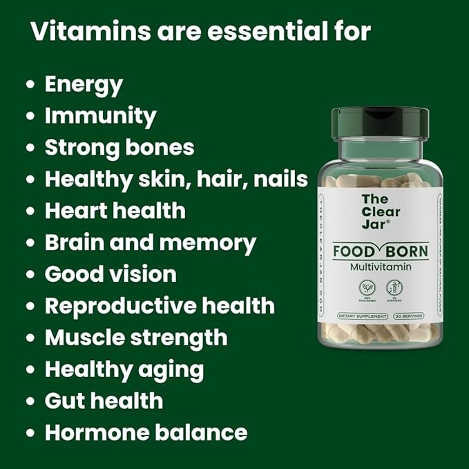 Food-Born Multivitamins,13 Daily Vitamins for Men & Women: A D2 C K1 E B1 B6 B12 etc. Non-Synthetic, Vegan, Food-Based Bioactive Vitamins, 60-Capsule